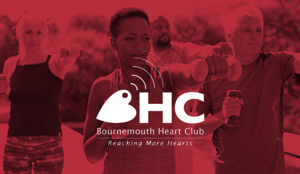 Bournemouth Heart Club logo over an outdoor exercise class using dumbbells
