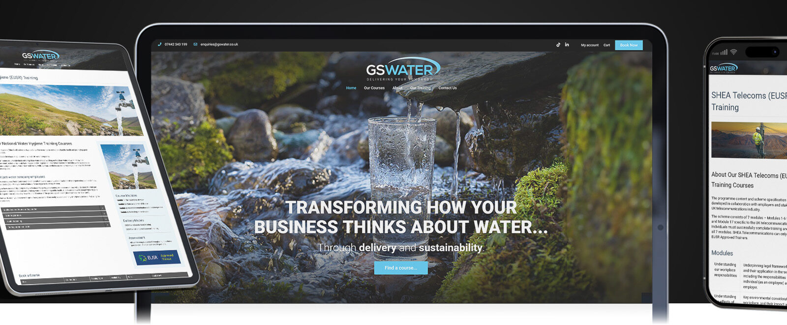 The GS Water website shown on a laptop, tablet and phone