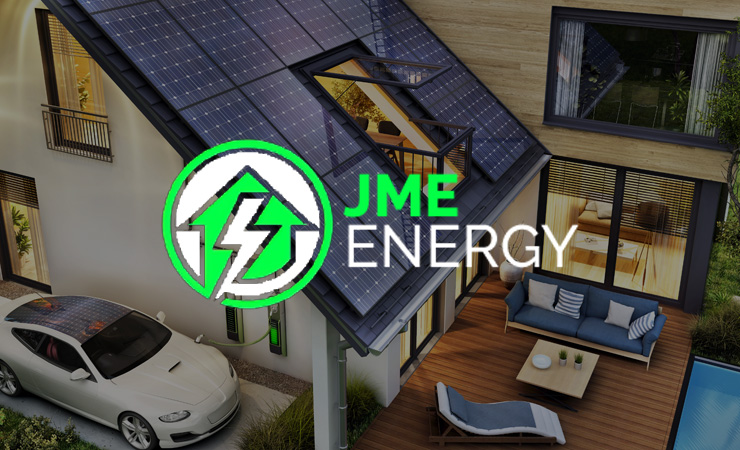 JME Energy logo over a home with rooftop solar panels and a car on charge