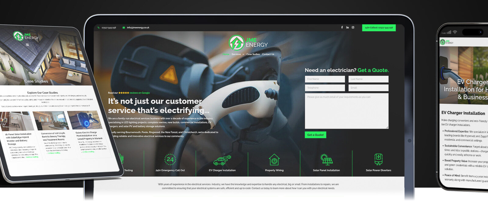 The JME Energy website shown on a laptop, tablet and phone