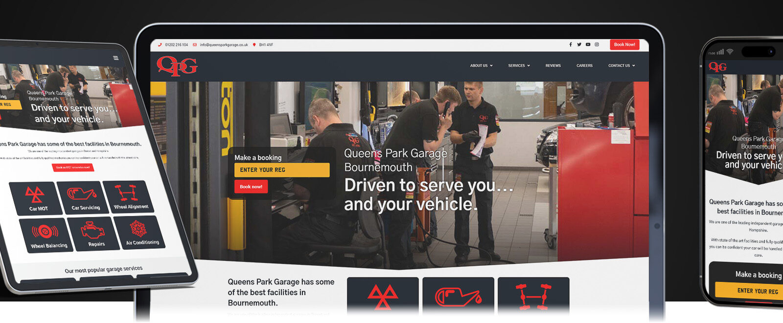 The Queens Park Garage website shown on a laptop, tablet and phone